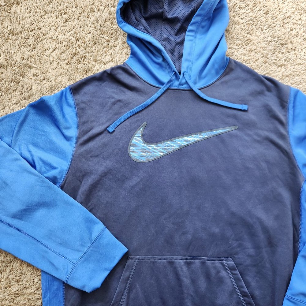 Nike Therma-Fit Fleece Hoodie Sweatshirt Navy Blue Big Logo Swoosh Men's XL